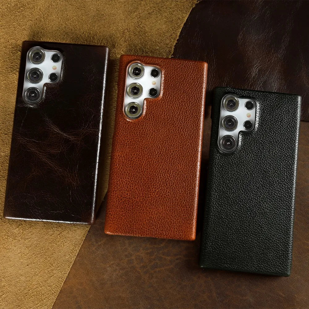 Luxury Genuine Leather Case for Samsung Galaxy S24 Ultra S23 S22Plus S21FE S20 Real Cowhide Leather Phone Cover Back Shell Coque