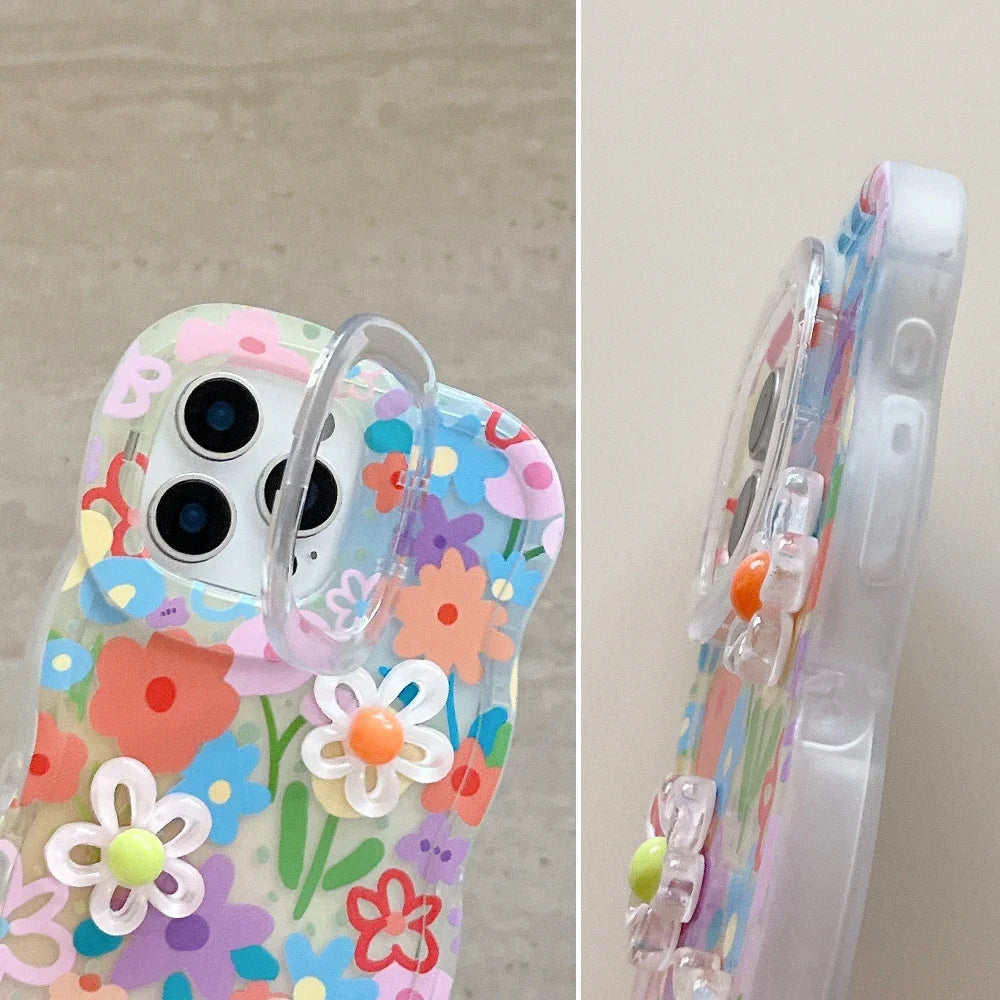 Bead Bracelet Chain Phone Case For iPhone 16 17 15 14 13 11 12 Pro Max Plus 3D Flower Bracket Holder Stand Lanyard Cover