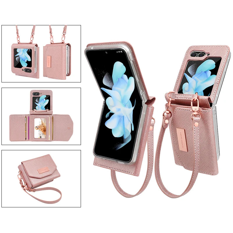 Girls Hand Strap Wallet Leather Phone Case Fit For Samsung Galaxy Z Flip 8 Flip7 6 5 4 3 5g Flip5 Flip4 Flip3 Holder Phone Cover