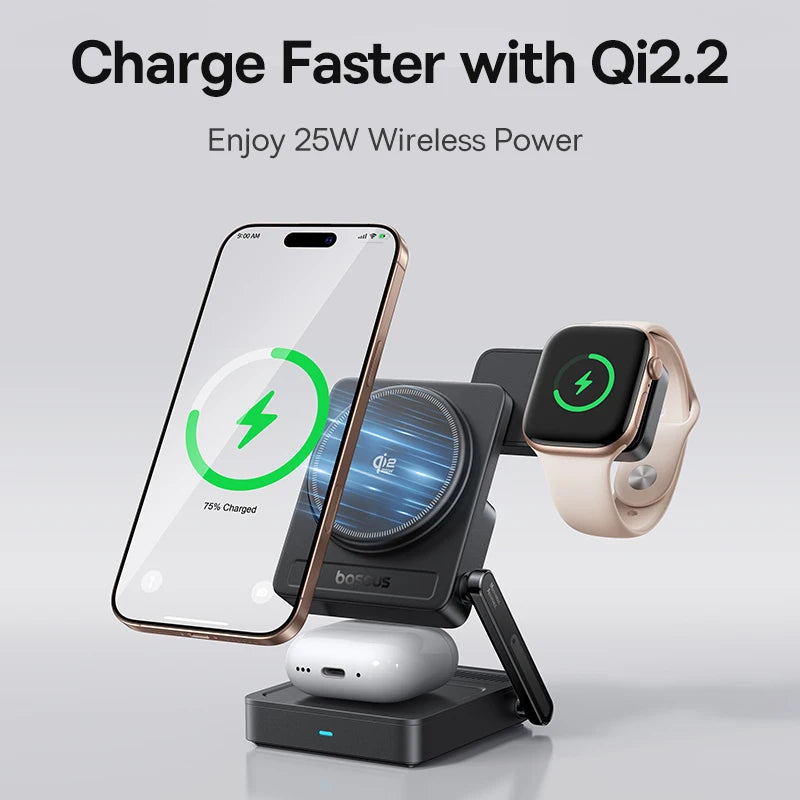 Baseus 3 in 1 Magnetic Wireless Charger Qi2.2 25W Fast Charging For iPhone 17 16 15 14 Apple Watch Earbuds AirPods Pro iWatch