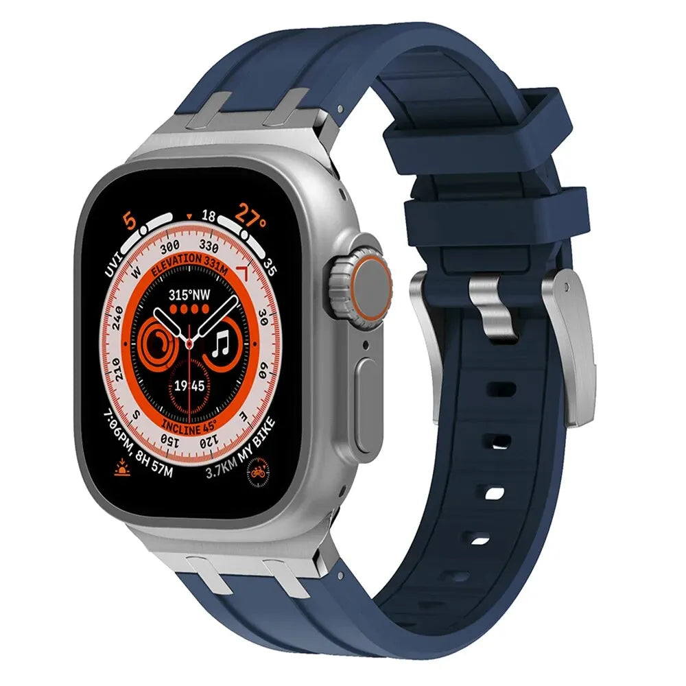 Titanium Color Metal Head Silicone Band for Apple Watch Ultra 2 49mm 45/44/42mm Rubber Strap for Iwatch Series 9 8 7 6 5 4 Se 3