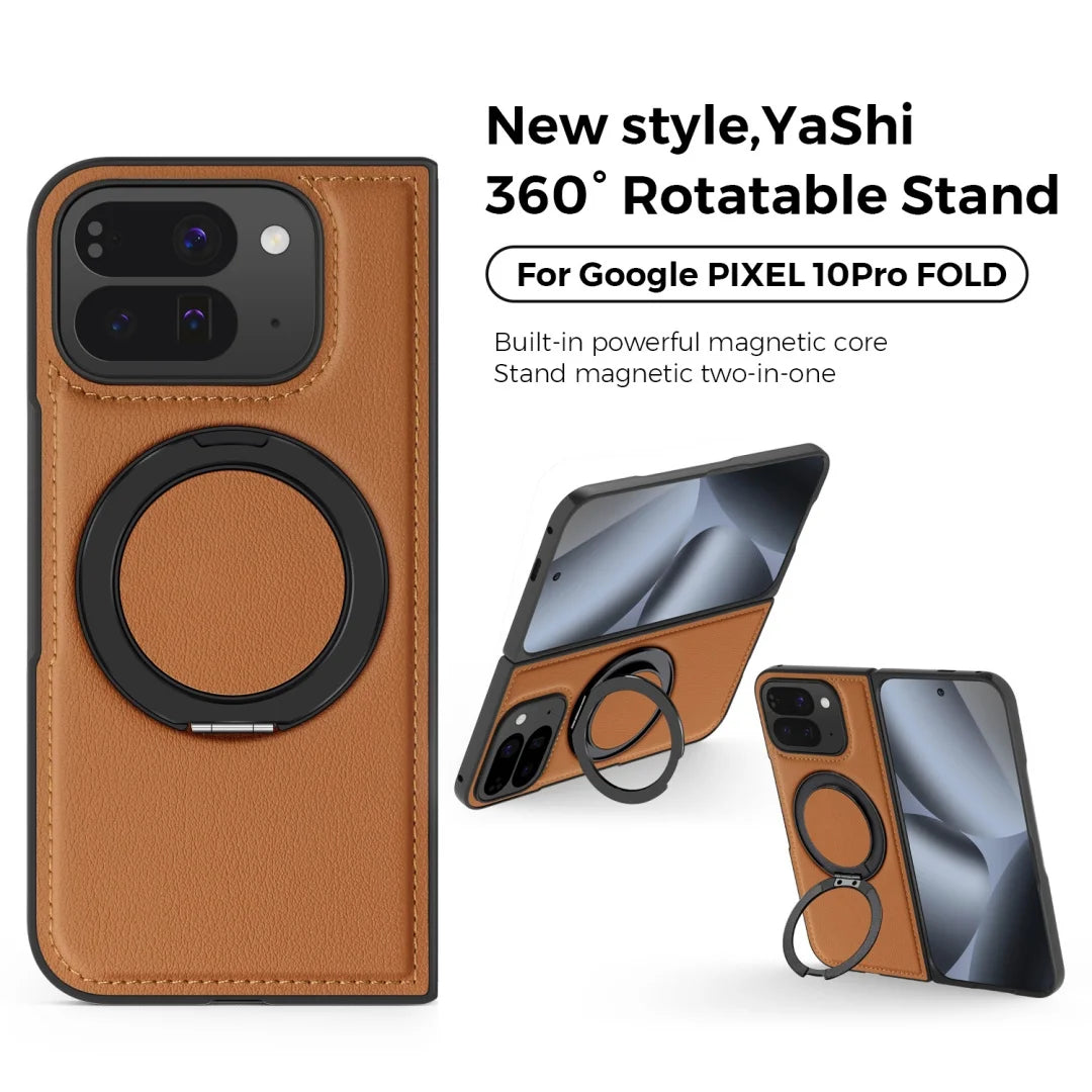 Embossed PU Leather Case For Google Pixel 10 Pro Fold Magsafe 360° Rotation Metal Stand Comfort Grip Case Cover