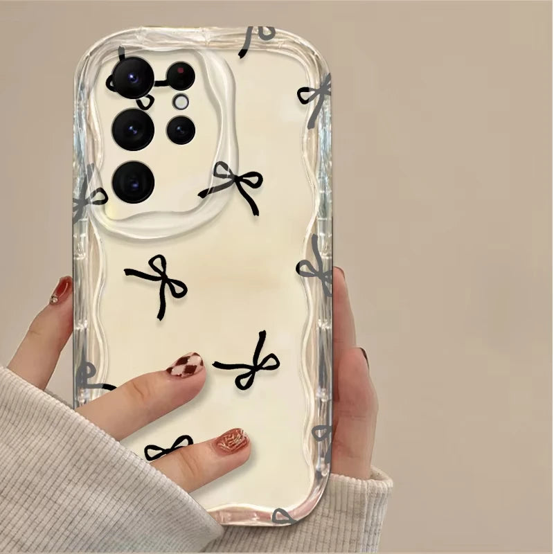 Black Bowknot Heart Phone Case for Samsung Galaxy S26 S25 S24 Ultra S23 S22 S21 S20 Plus FE A56 A55 A54 A35 A16 Silicone Cover