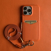 Multifunctional Charging Cable Lanyard Genuine Leather Case For iPhone 16 Pro Max 15Pro 11 13 12 14Pro Crossbody Strap Card Slot