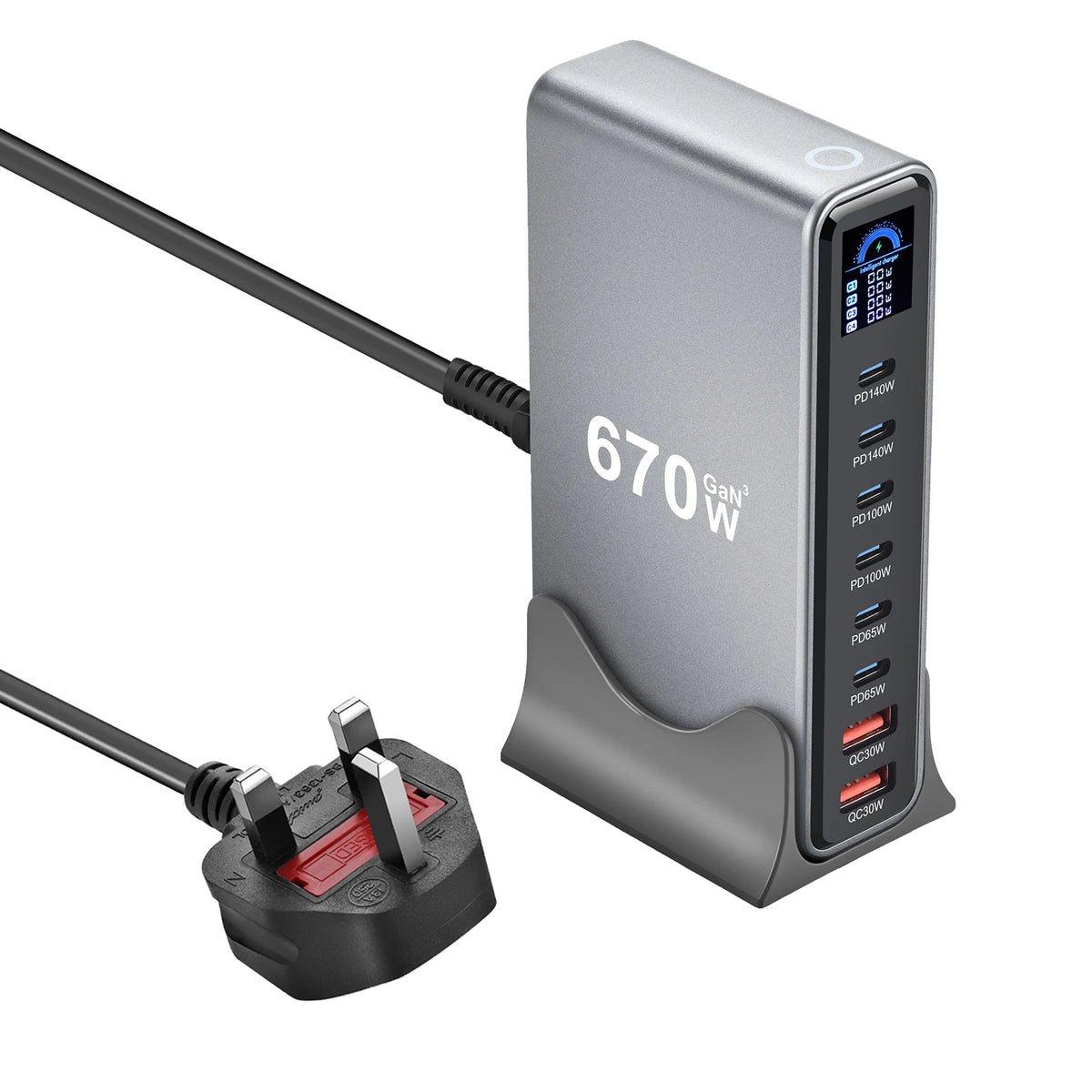 670W GaN Fast Charging Desktop Charger with Display 140W USB-C Port 8-Port Station for Phones And Tablets