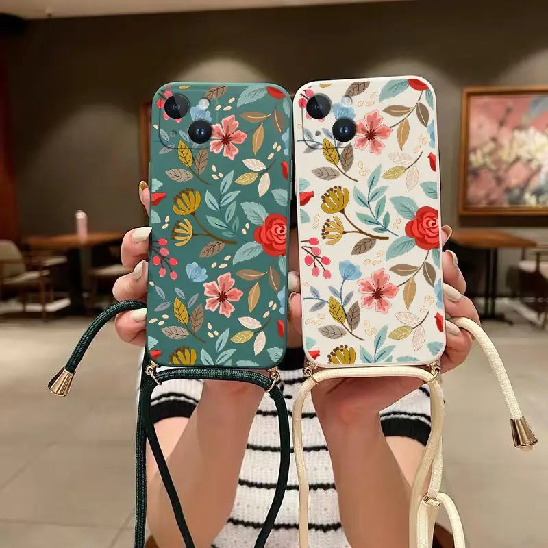 Five Petals Flower Crossbody Lanyard Silicone Phone Case For iPhone 13 15 12 14 11 Pro Max Mini X XR XS 8 7 6 6S Plus Cover