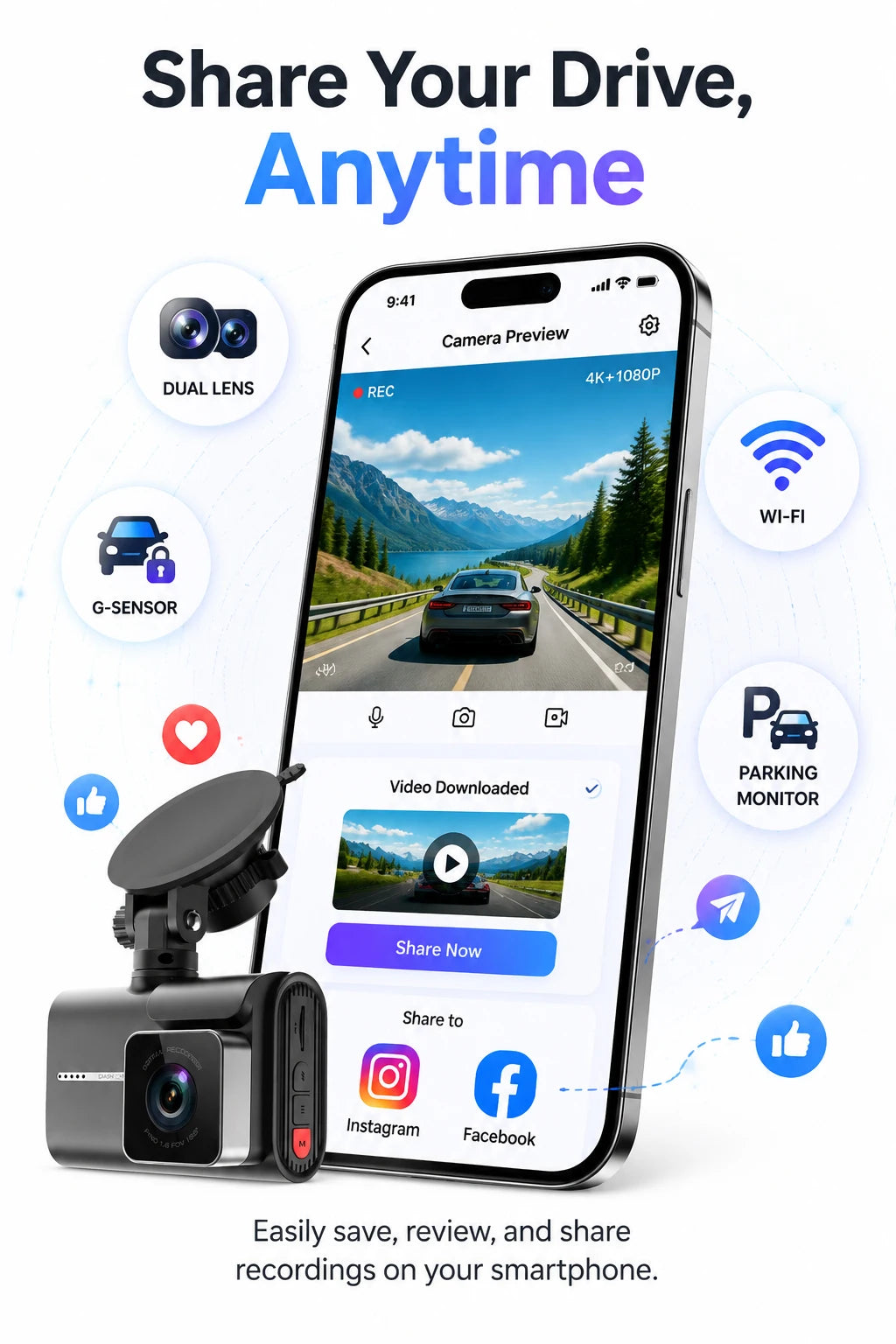 ACCEO Dash Cam 4k Front Lens Car Driving Recorder Built-in WiFi Optional 2K Rear Camera HD Night Vision Support GPS Car DVR
