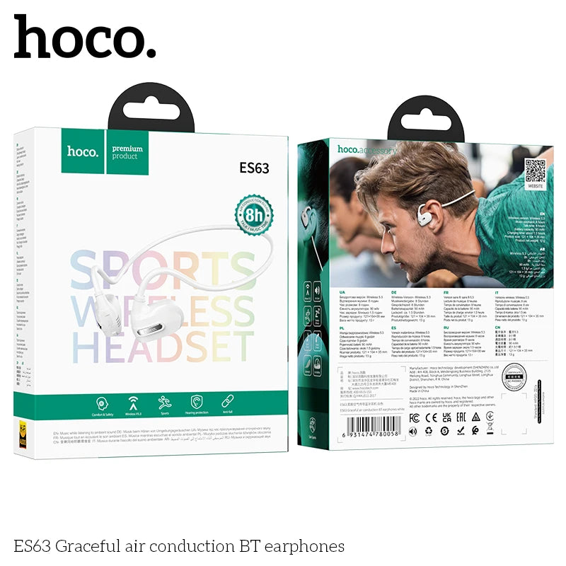 HOCO ES63 Air Conduction Earphones Bluetooth Headphones Bass Earbuds Music Sports Open Ear Hook Headsets with Microphone Black