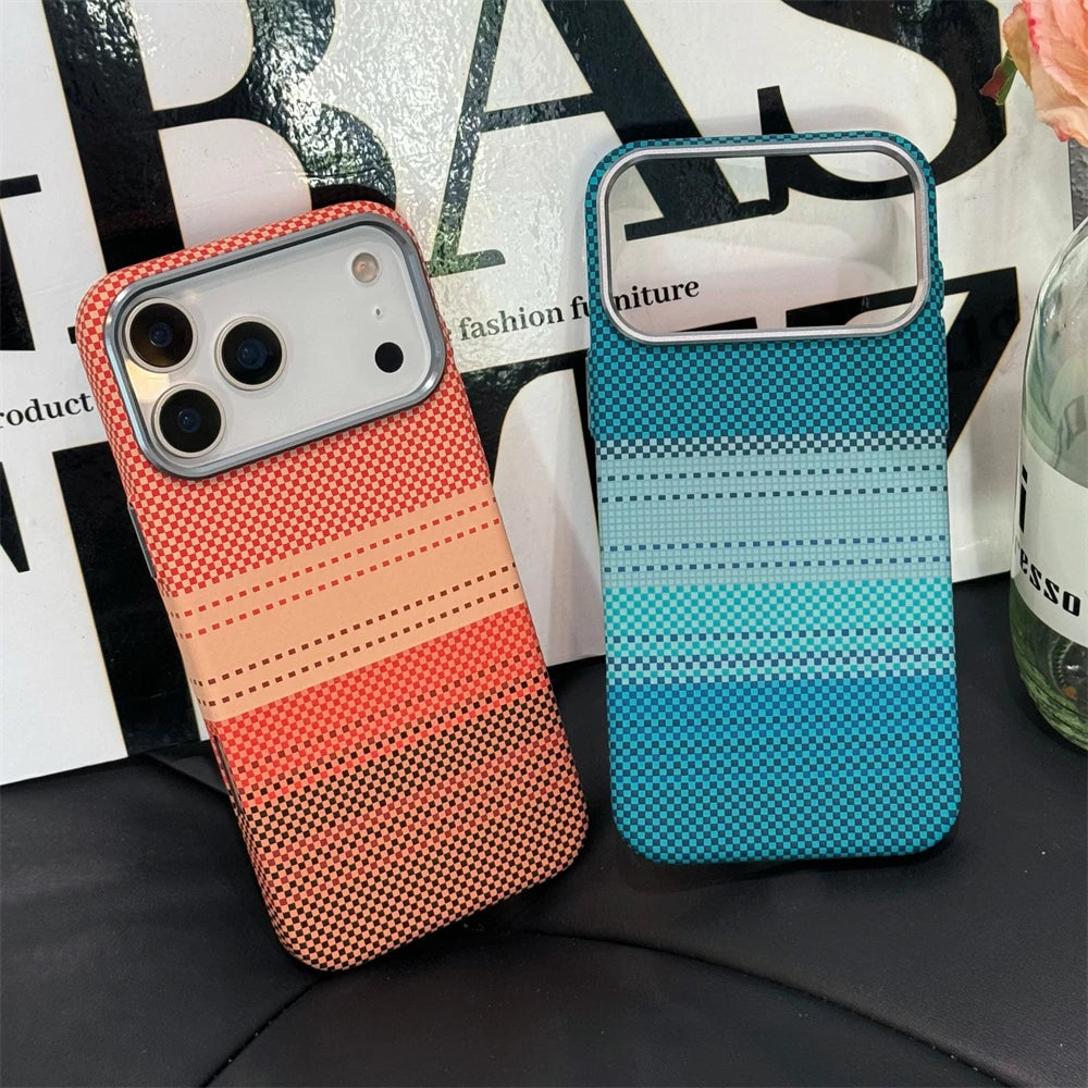 Luxury Kelvar Carbon Fiber Colorful Case for iPhone 17 16 15 14  13 Pro Max Metal Lens Frame Ultra Thin Hard Shockproof Cover