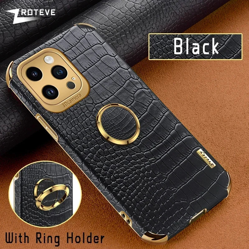 For iPhone16 Pro Zroteve Crocodile Leather Ring Holder Soft Cover For iPhone 16 15 14 13 12 11 Pro Max SE 2 3 iPhone15 Plus Case