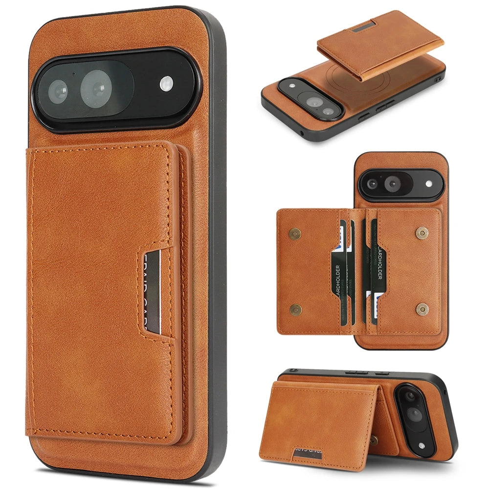 2 In 1 Magnetic Leather Case For Google Pixel 10 9 8 9a 8a Pro Xl 10pro 9pro 8pro Cards Slots Holder Kickstand Bag Phone Cover