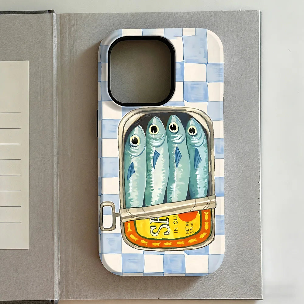 Striped Canned Fish Phone Case for iPhone 17 16e 16 15 14 13 12 11 X XS XR XSMAX 7 8 Air Pro Max Plus Luxury Double-layer