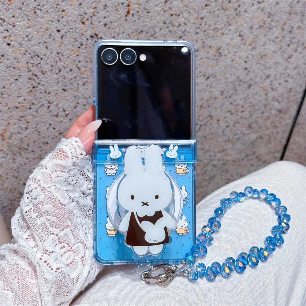Cute polka dots Miffy Clear Folding Phone Case For Samsung Z Flip 8 7 6 5 4 3 flower Cartoon Miffy protect Cover Wrist Strap﻿﻿﻿﻿
