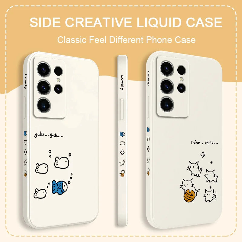 Cute Line Cat Phone Case For Samsung Galaxy S25 S24 S23 S22 S21 S20 S10 S10E Ultra Plus FE Note 20 Ultra 10 Plus Cover
