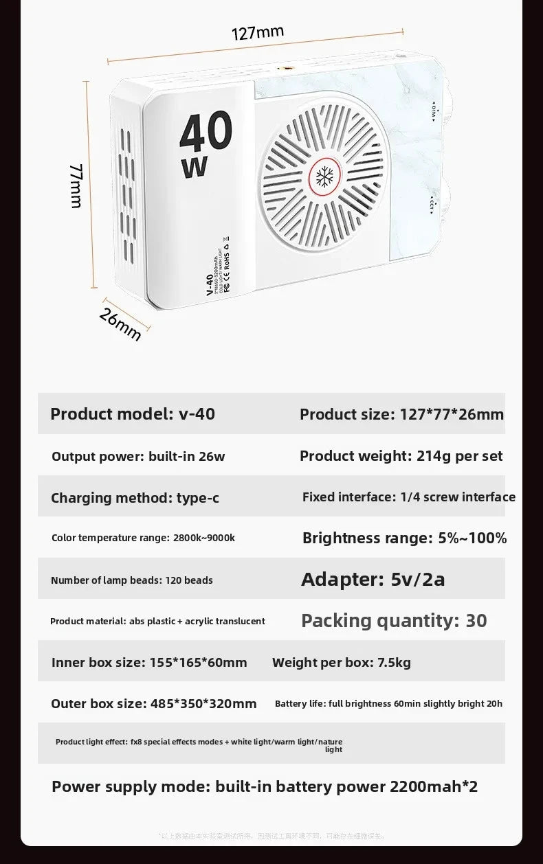 40W Mini Portable LED Fill Video Light with Built-In Rechargeable Battery Fill Light for Mobile Phone Charging PD