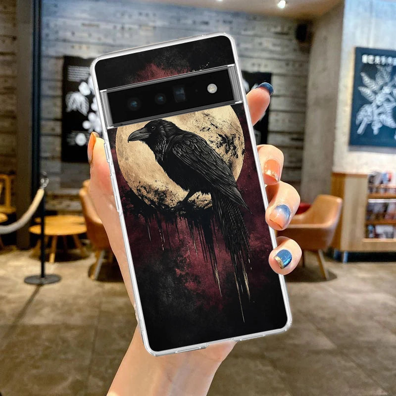 Black Raven Phone Case Cover for Google Pixel 9 8 7 6 5 4 4XL Soft TPU 7A 6A 5A 4A 3A Pro XL 5G Transparent Shell Fundas Capas