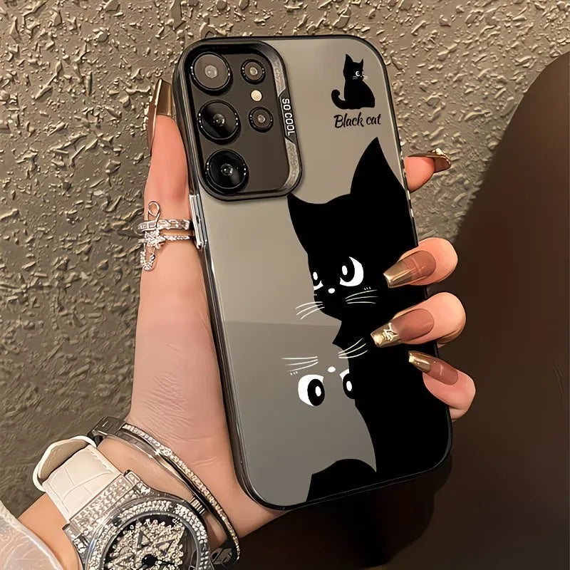 Cute Black Cat Print Color Silver Gradient Phone Case For Samsung Galaxy A73 A72 A71 A56 A555 A54 A53 A52 A51 A50 PC+TPU Cover