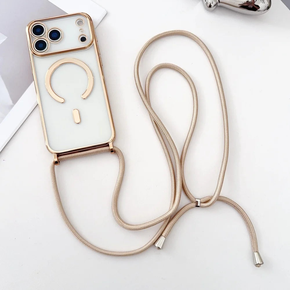 Luxury Necklace Cord Rope Lanyard Plating Magnetic Clear Phone Case For iPhone 17 Air 16 14 12 13 15 Pro Max For Magsafe Cover