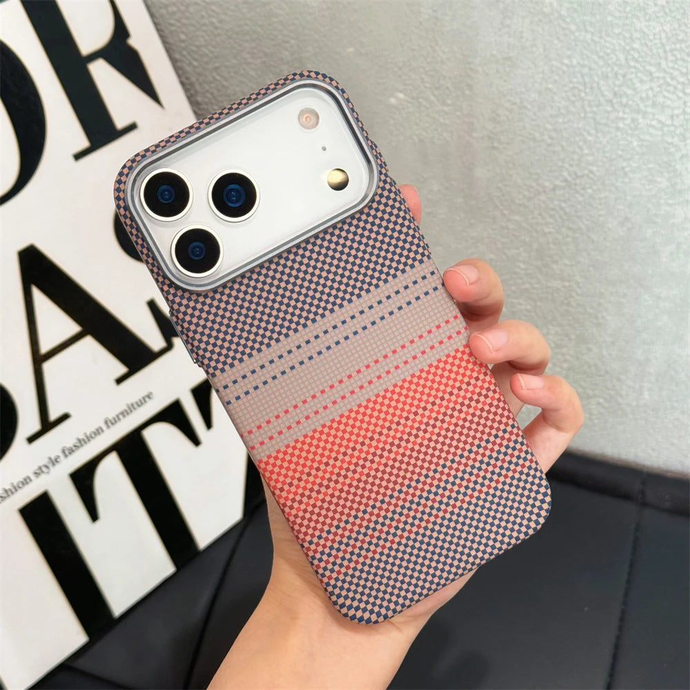 Luxury Kelvar Carbon Fiber Colorful Case for iPhone 17 16 15 14  13 Pro Max Metal Lens Frame Ultra Thin Hard Shockproof Cover