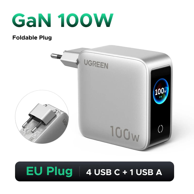 UGREEN 100W GaN Charger With Smart Display QC4.0 PD 3.0 USB C Charger For MacbookPro Laptop iPhone 17 16 Pro iPad Tablet Samsung