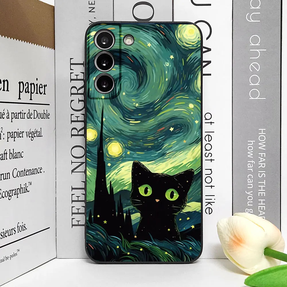 Artistic Black Cat Starry Night Soft TPU Phone Case For Samsung Galaxy S23 S24 S25 Ultra S22 S21 S20 Plus FE A15 A54 A55 Cover