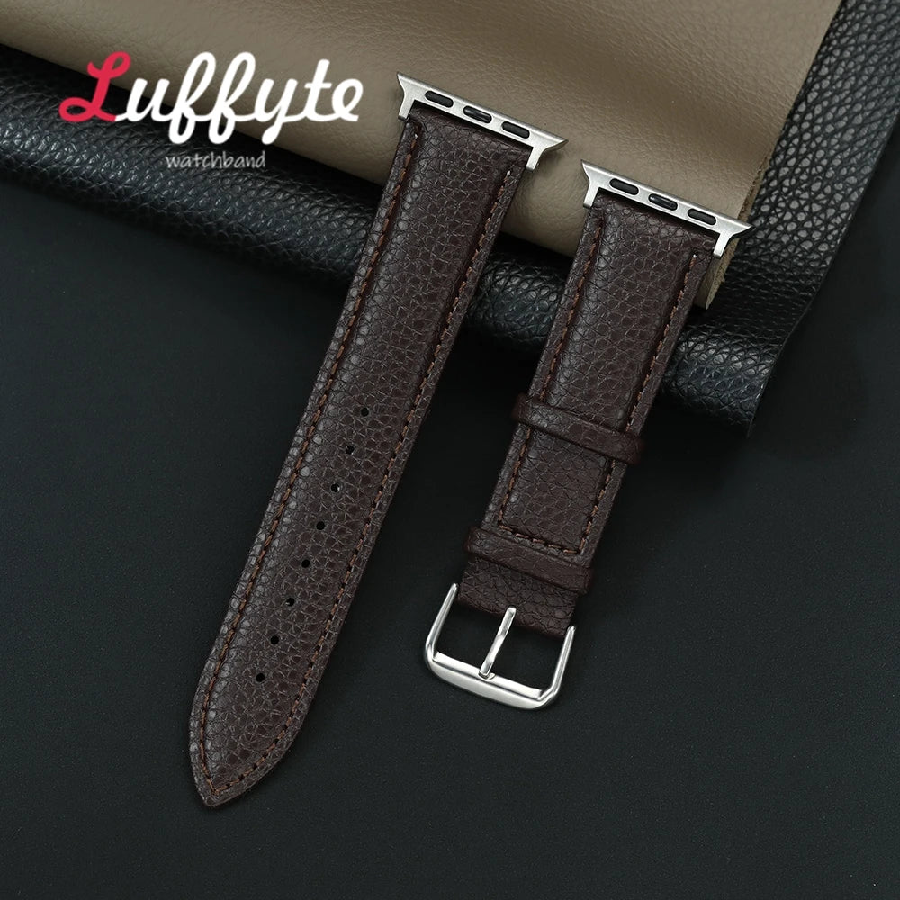 Litchi Grain Leather Watchband For Apple Watch 1-10 Ultra SE 2 Casual Watch Strap For Iwatch 38/40/41/42/44/45/46/49mm Band
