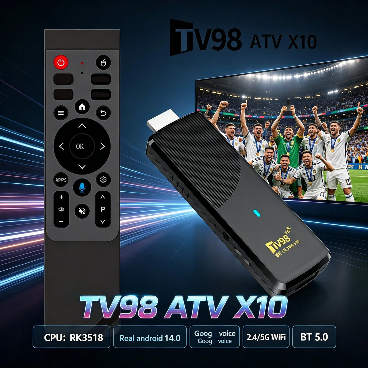 TV Stick Player New TV98 ATV X10 HD 8K 4K Android 14 Smart Media Player RK3518 Quad Core Chip Dual Wifi 5G 4G Voice Remote IPTV