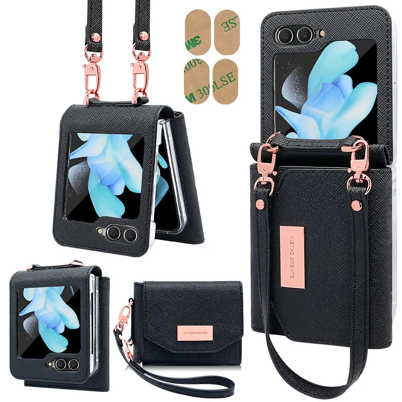 Girls Hand Strap Wallet Leather Phone Case Fit For Samsung Galaxy Z Flip 8 Flip7 6 5 4 3 5g Flip5 Flip4 Flip3 Holder Phone Cover