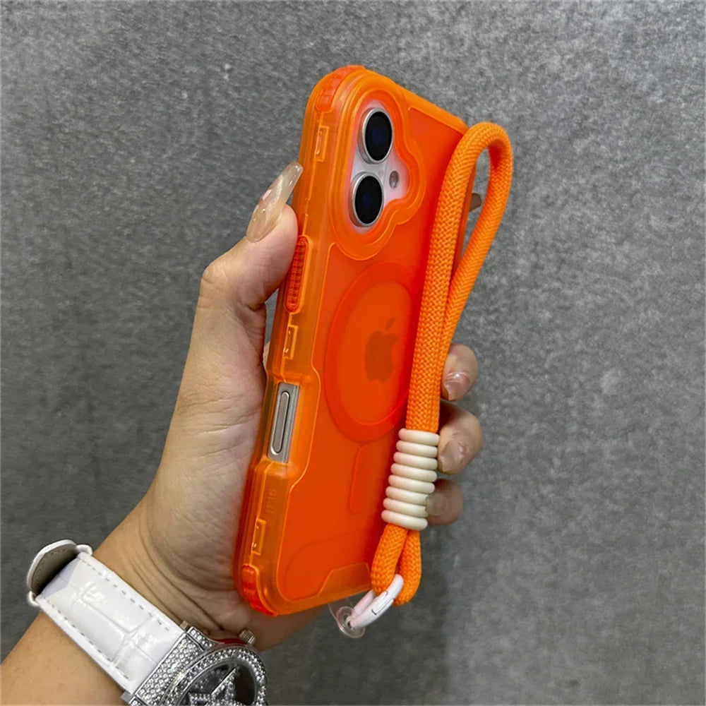 Luxury Armour Matte For Magsafe Phone Case For iPhone 17 11 14 12 13 15 16Pro Max Colourful Wrist Strap Lanyard Shockproof Cover