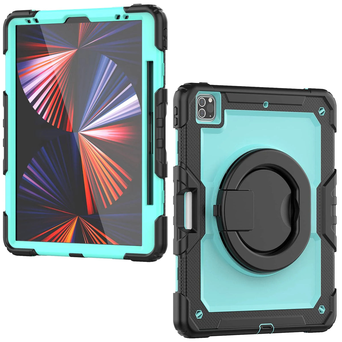 for iPad Pro 12.9'', Military Grade Shockproof Protective Silicone Cover 360 Folding Handle Grip + Handle Shoulder Strap