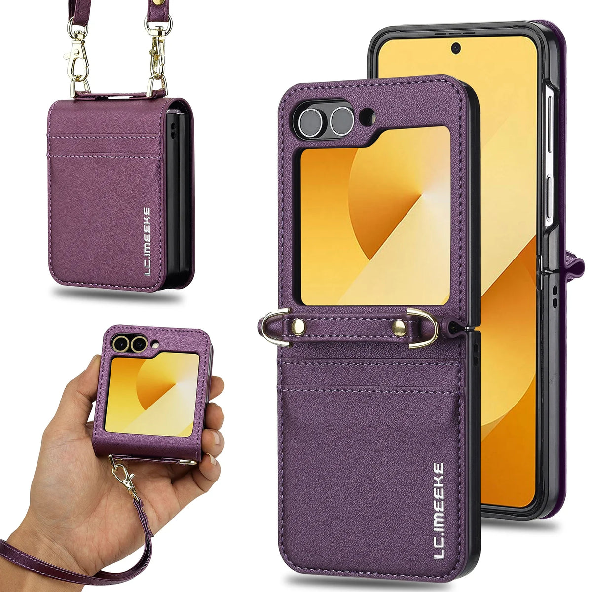 Crossbody Cards Solt Wallet Leather Case For Samsung Galaxy Z Flip 8 7 FE 6 5 4 3 5G Flip6 Flip7 Hand Strap Lanyard Pocket Cover