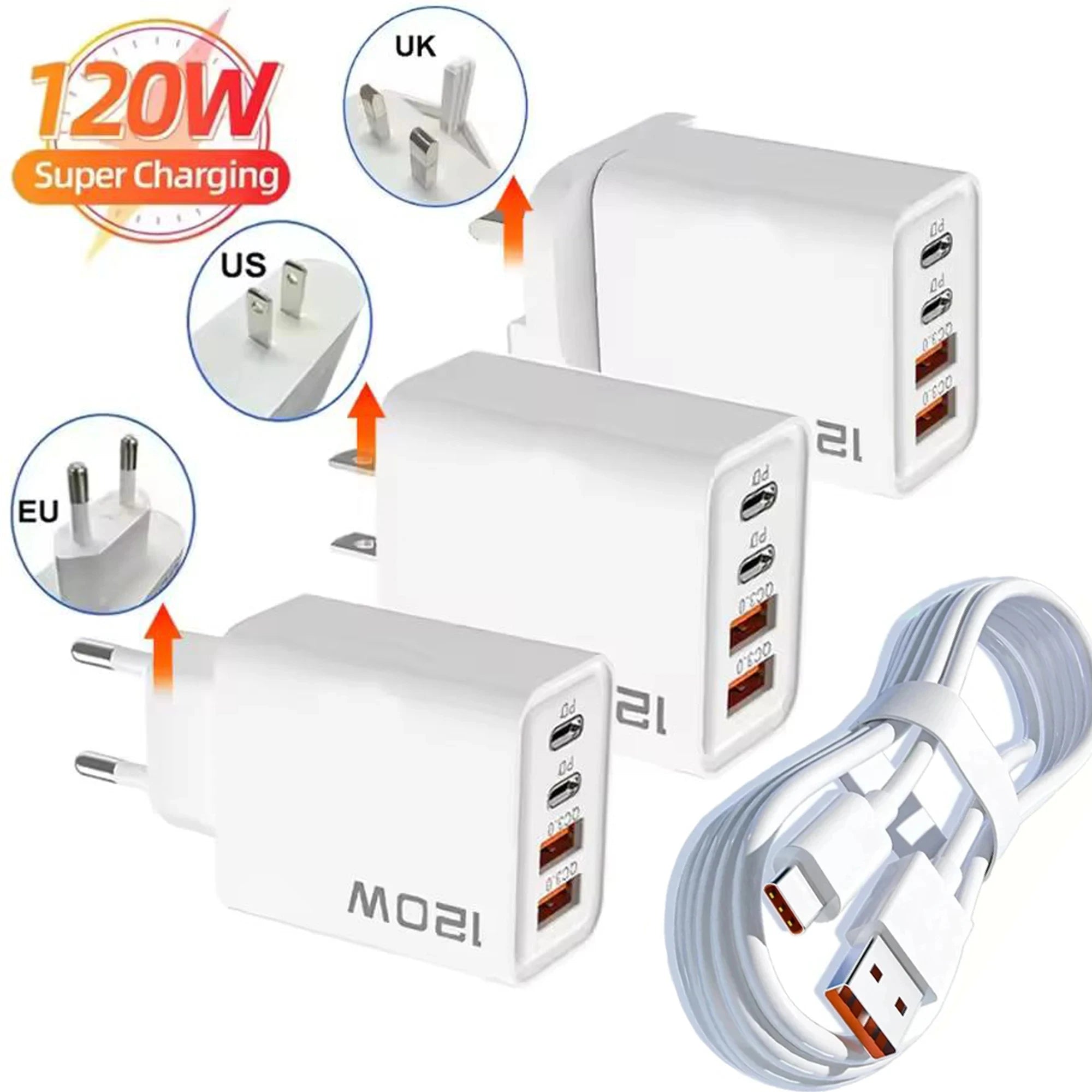 120W 4 Port USB Type C Charger Fast Charging Data Cable USB Phone Charger Adapter for Samsung iPhone Xiaomi Huawei Wall Charger