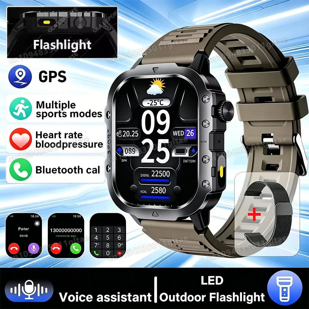 2026 New Military-grade Smart Watch Men GPS Flashlight 3ATM Waterproof Watch Bluetooth Call 100+Sport Outdoor Smartwatch Pk Hw12