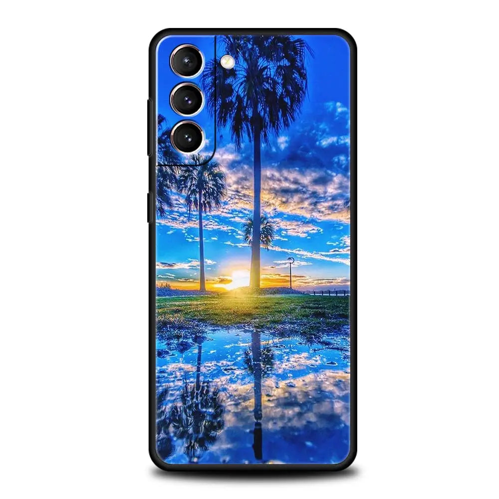 Summer Beach Scene at Sunset on sea Palm Tree Case For Samsung Galaxy S24 S23 S22 S20 Ultra S21 FE 5G S10 S9 Plus S10E S8 Cover