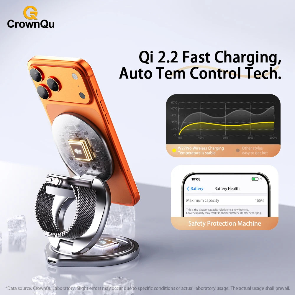 Qi2.2 25W Metal Wireless Charger Protable Fast Charging Station Stand 360° Rotation for iPhone 17 16 15 14 Pro Max Watch Airpods