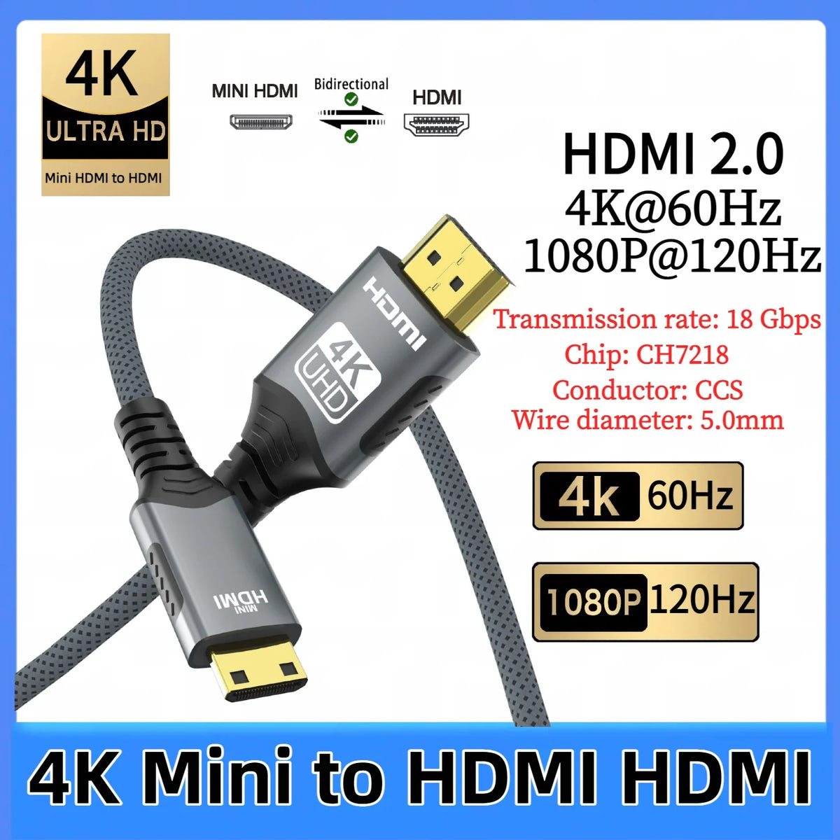4K Mini HDMI to HDMI Cable HD 4K@60Hz High-Speed Braided HDMI-compatible Cable Bi-Directional 2.0Cord for HDTV Tablet Camera