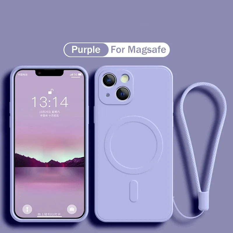 For Magsafe Magnetic Wireless Charge Case for IPhone 15 16 14 13 12 11 Pro Max Mini XR XS Plus Soft Liquid Silicone Strap Cover