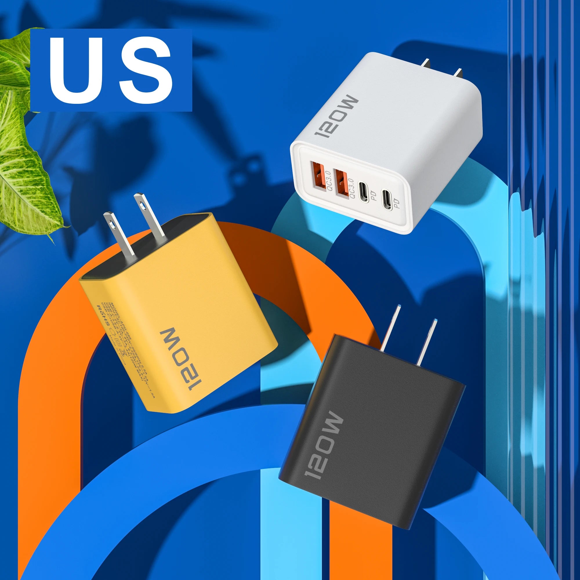 120W 4 Port USB Type C Charger Fast Charging Data Cable USB Phone Charger Adapter for Samsung iPhone Xiaomi Huawei Wall Charger