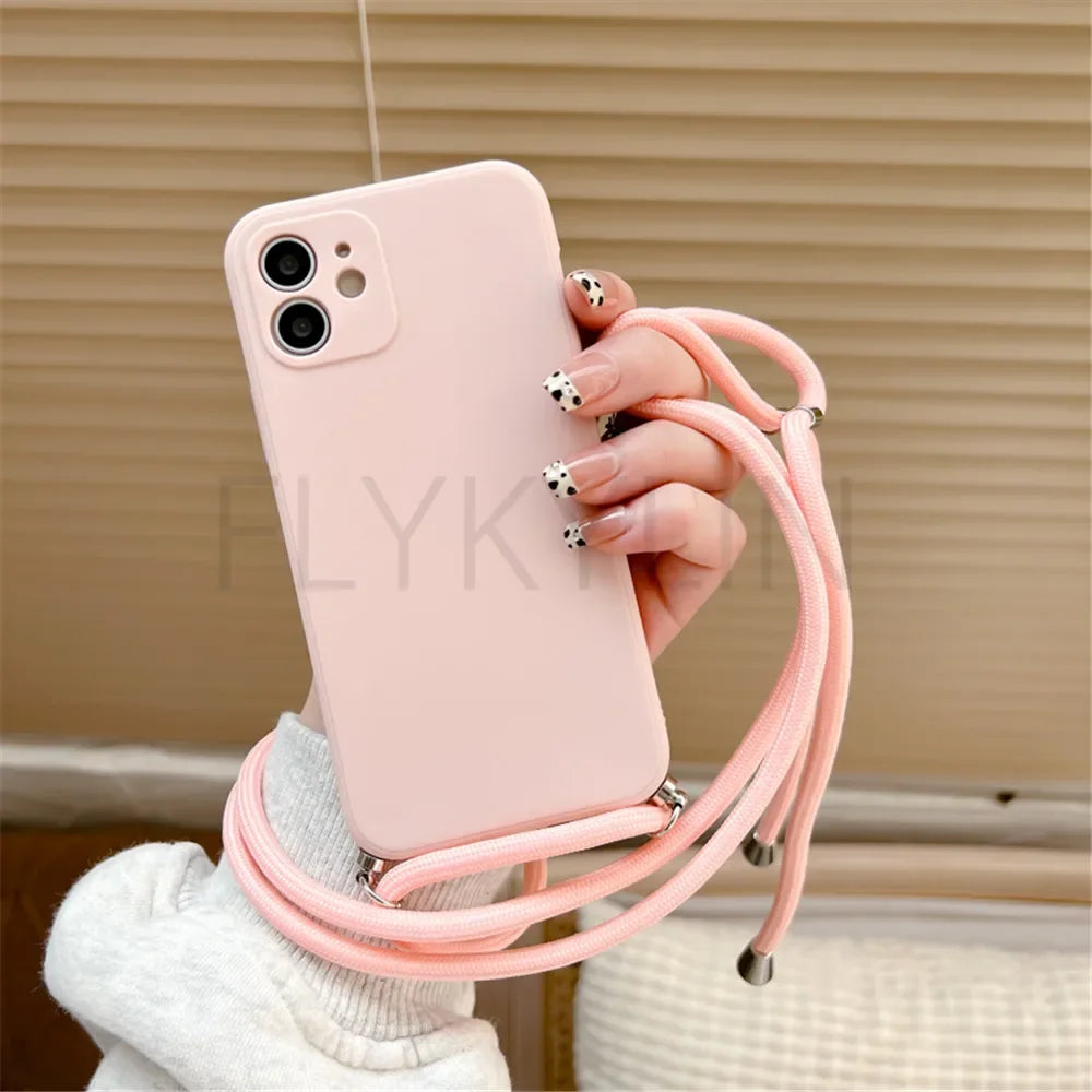 Crossbody Necklace Strap Lanyard Cord Phone Case For iPhone 13 12 MiNi 11 14 15 Pro X XR XS Max 6S 7 8 Plus Soft Silicone Cover