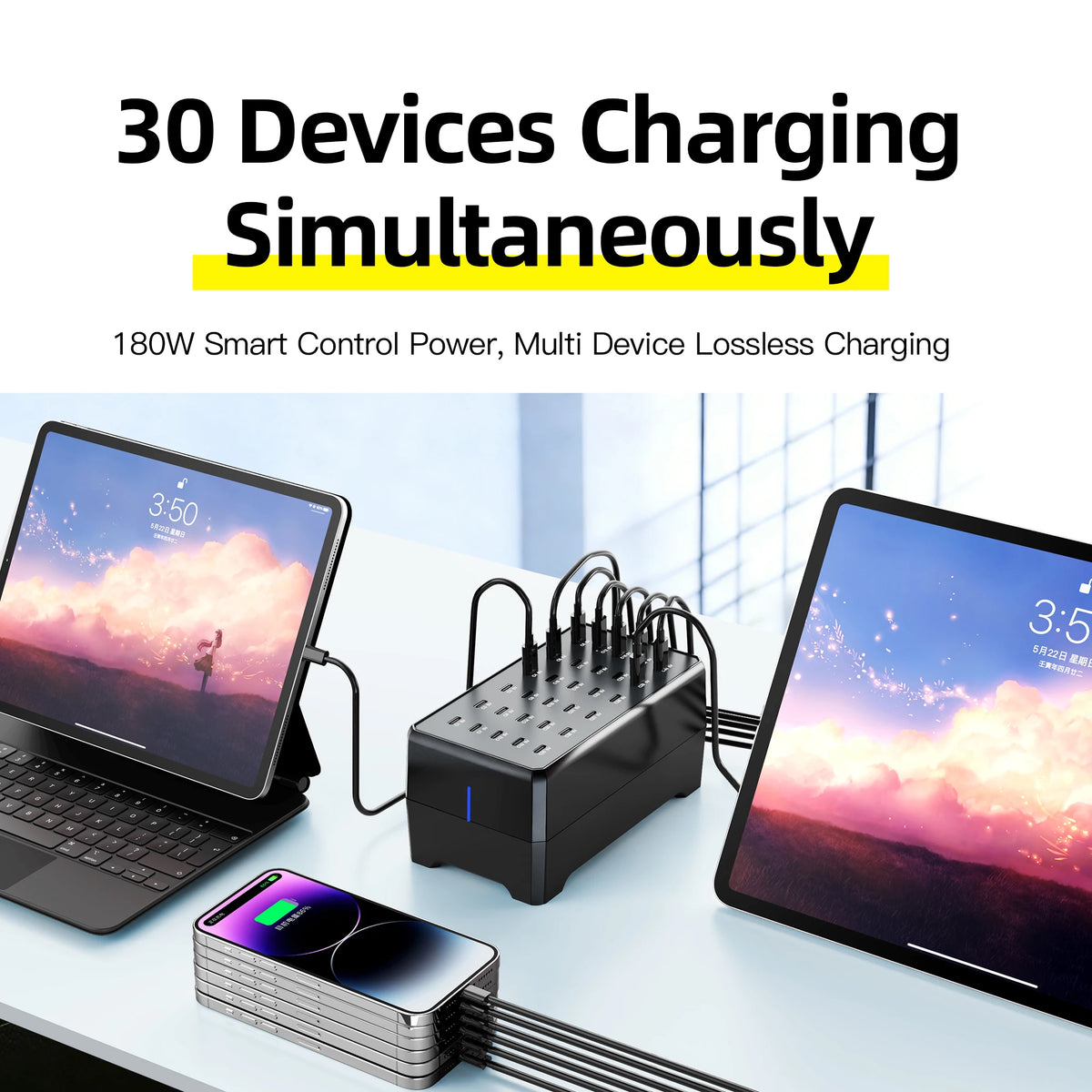 100W 30-Port Type-C Multi-Device Desktop Charger: Rapid & Efficient Charging Hub for Phones and Tablets