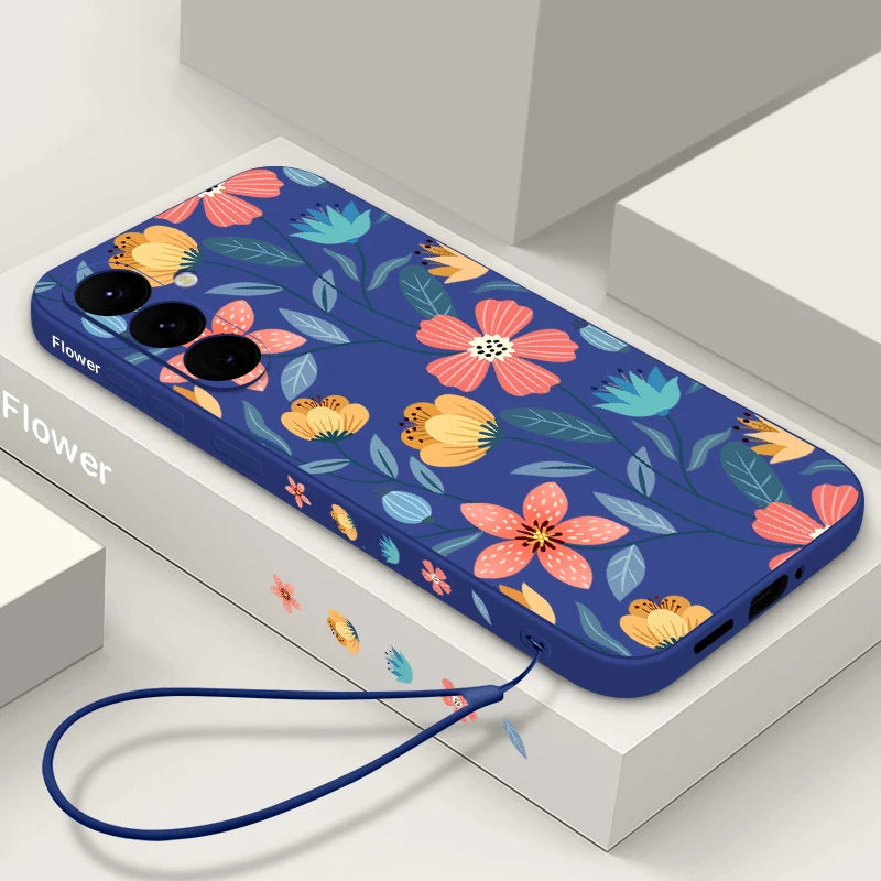 Colorful Flower Case For Samsung Galaxy S24 S23 S22 Ultra S21 FE S26 A56 A15 A35 A55 A52 A53 A54 5G S25 Silicone Lanyard Case
