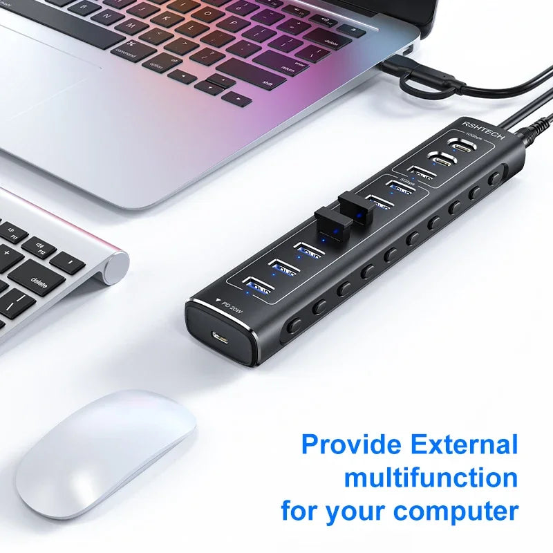RSHTECH 60W USB 3.1 Hub 10Gbps for Laptop Macbook with 7 USB3.0 Port and 20W PD Aluminum USB Splitter Data Transfer Dock Station