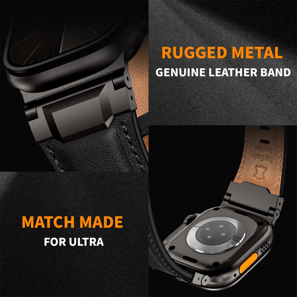 Genuine Leather bands For Apple watch ultra 3 2 49mm 44mm 45mm 46mm NEW Mecha Design bracelet iWatch series 11 10 9 8 7 6 5 SE