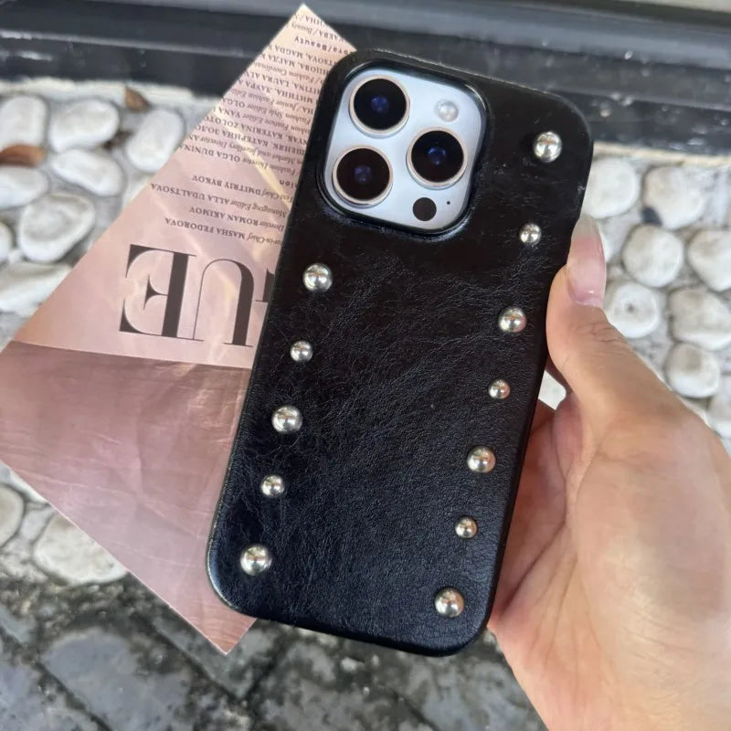 Personality Advanced Silver Round Rivet Solid Color Leather Shock Proof Phone Cover for iPhone 17Pro Max 16 15 14 13 Pro Max Cas