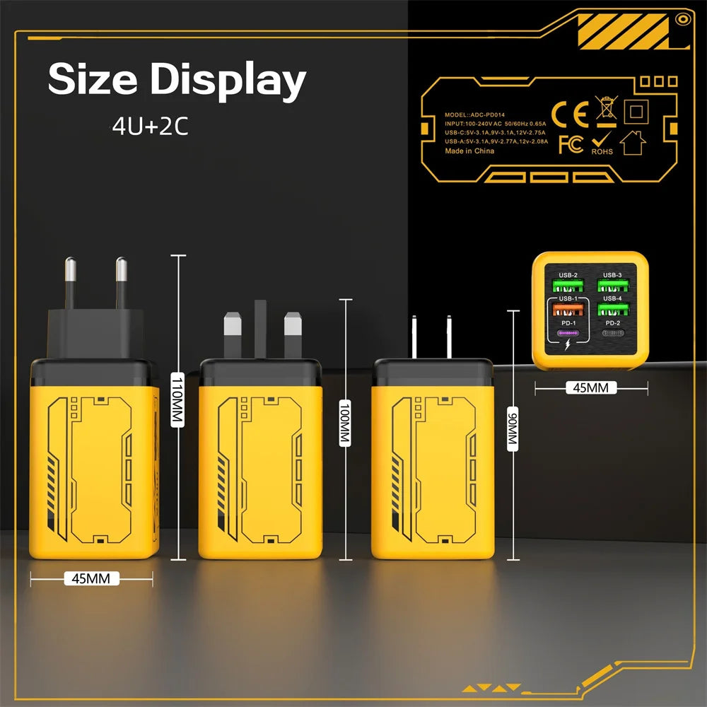 6 in 1 240W Type C Charger PD Fast Charging Phone Power Adapter For iPhone Samsung Xiaomi EU/US Plug Quick Charge Wall Charger