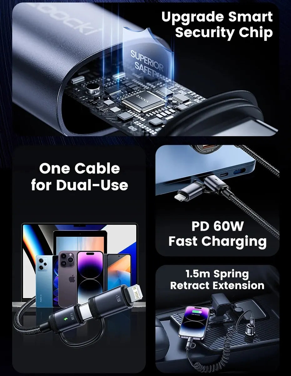 Toocki 2 in 1 PD 60W Type C Cable For iPhone 15 Pro Samsung S23 Xiaomi 2.4A Fast Charging USB Car Spring Cable For iPhone 14 13