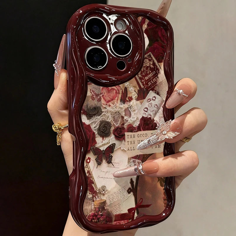 Butterfly Painted Flat Printing Wine Red Cream Texture Soft Phone Case For iPhone 17 16 15 14 13 12 11 Pro Max 16 Plus 17e Cover