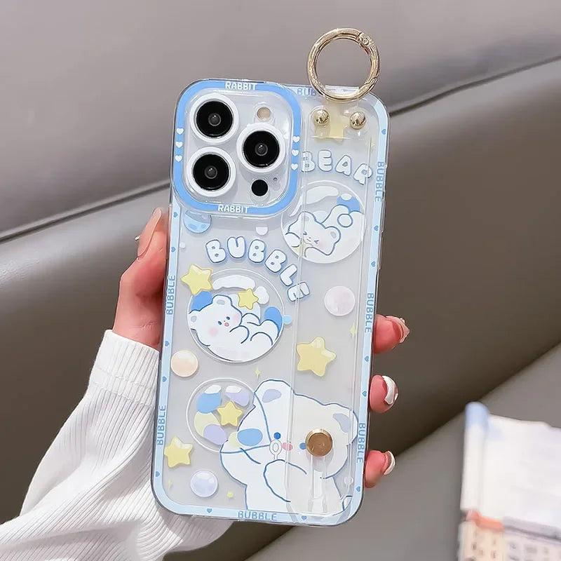 SoCouple Bear Rabbit Wrist Strap Case For Samsung S23 S24 S22 S21 S20 FE Plus Ultra Note 10 20 Soft Silicone Phone Holder Cover