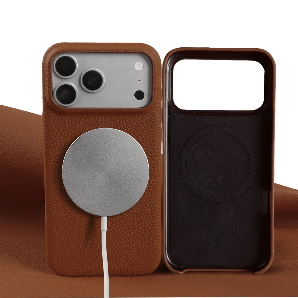 For Magsafe Magnetic Lychee Genuine Leather Case For iphone 17 Pro Max Air 13 14 15 16 Pro Max 16e 17e Phone Back Cover Cases