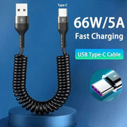 Spring Pull Telescopic Data Cable 5A 66W USB To Type-C/Dual Type-C Fast Charging Cable For  Car 1M 1.8M 2M For iphone17 Xiaomi17